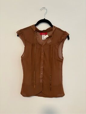 Lipsy Brown Sheer Cap-Sleeve Tie-Neck Blouse